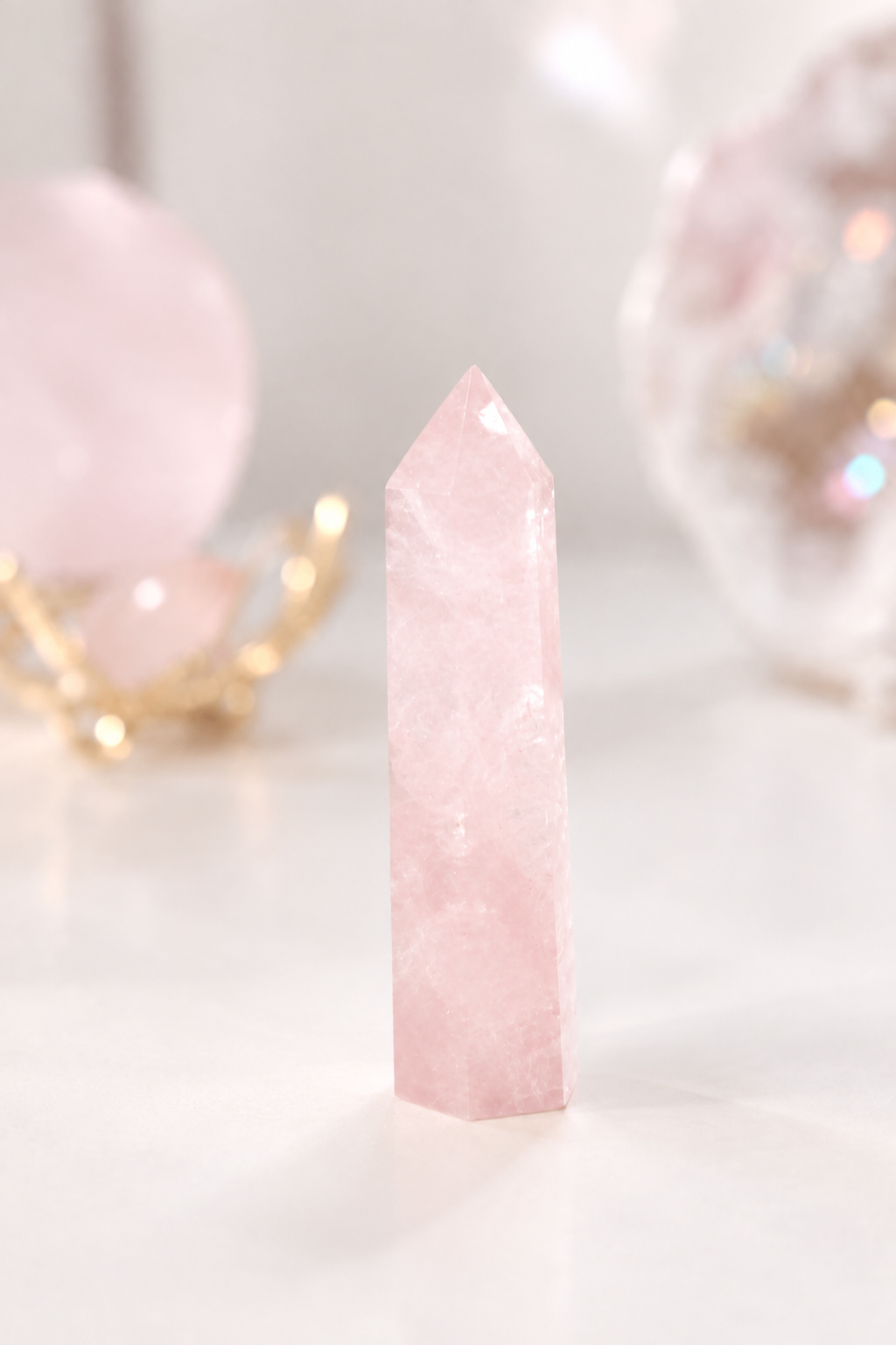 Punta pulida de cuarzo rosa de pie sobre superficie clara